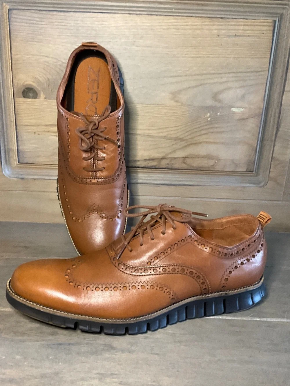 Cole Haan Zerogrand Wingtip Oxford Men's 12 Cognac Tan Full Grain Leather Brogue